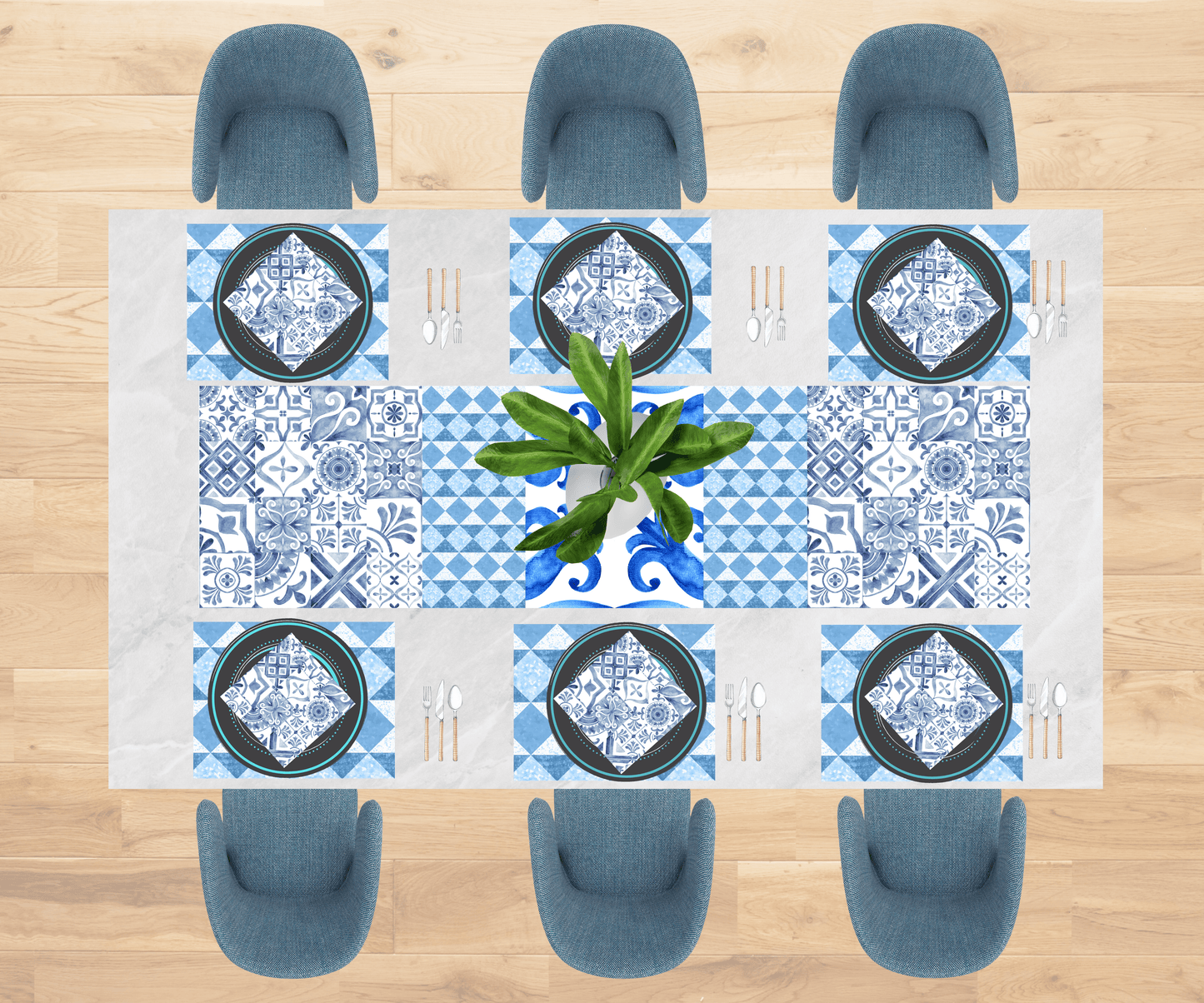 Mediterranean Blue Tile-Inspired Table Linen Set for 6