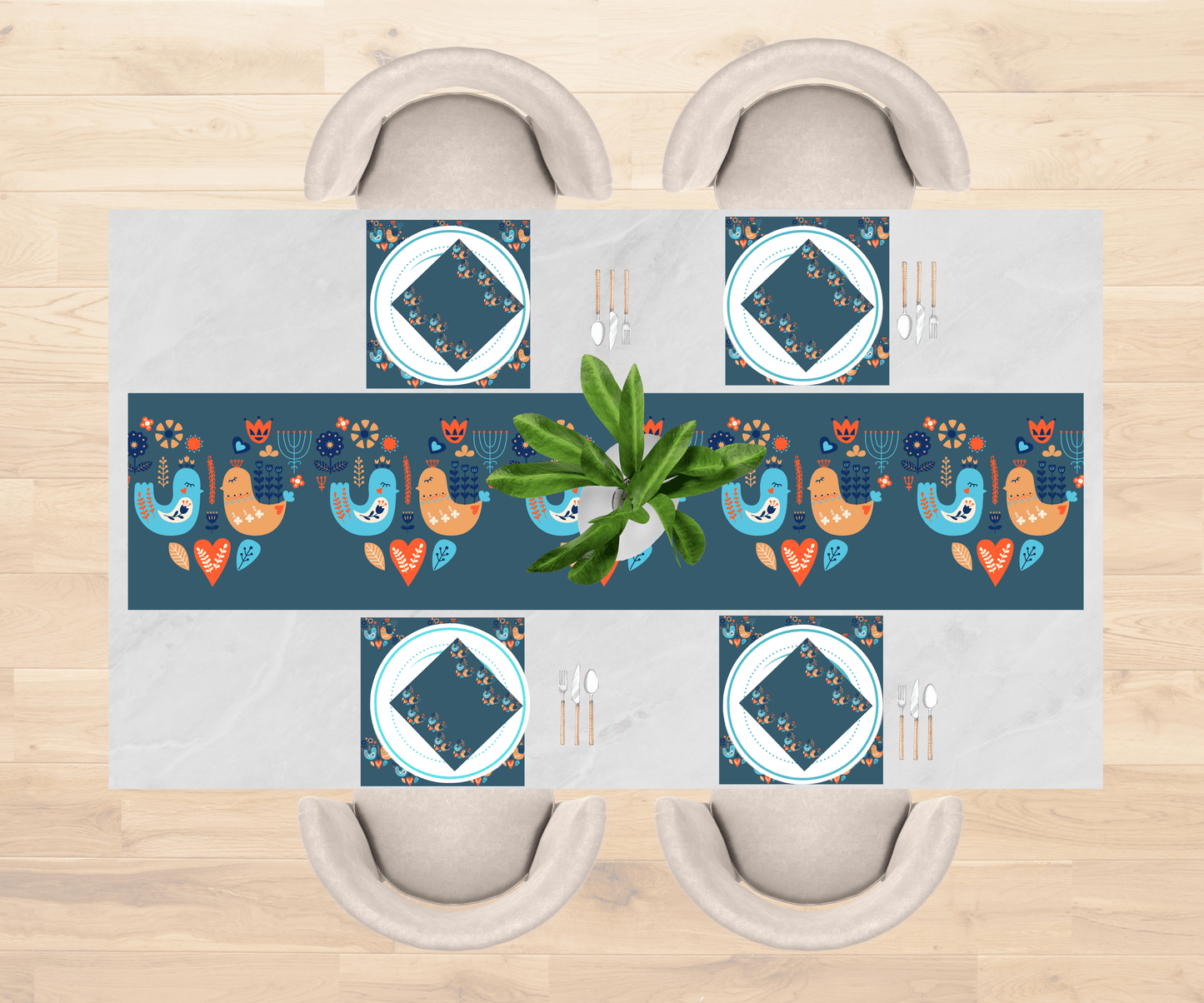 Scandinavian Bird Design Table Linen Set for 4