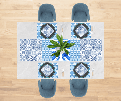 Mediterranean Blue Tile-Inspired Table Linen Set for 4