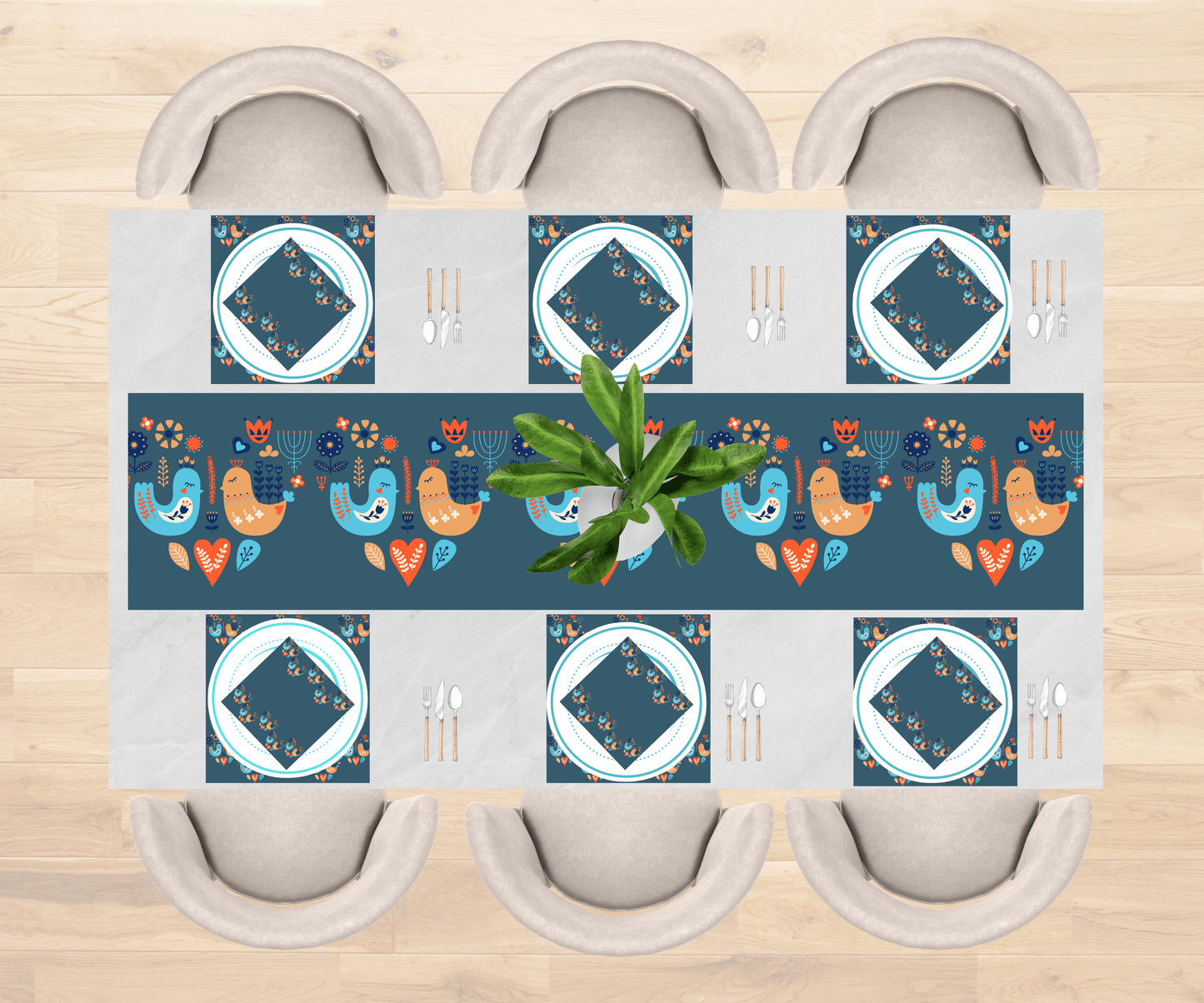 Scandinavian Bird Design Table Linen Set for 6
