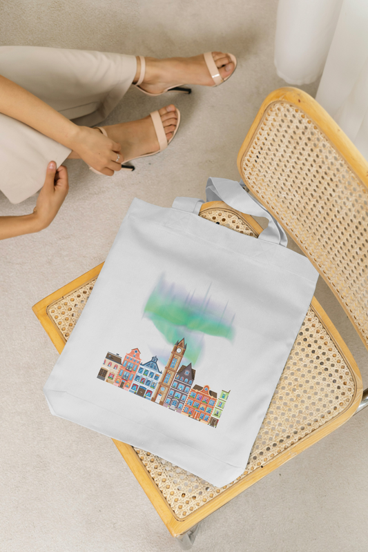 Scandinavian City Skyline Tote Bag with Northern Lights Design