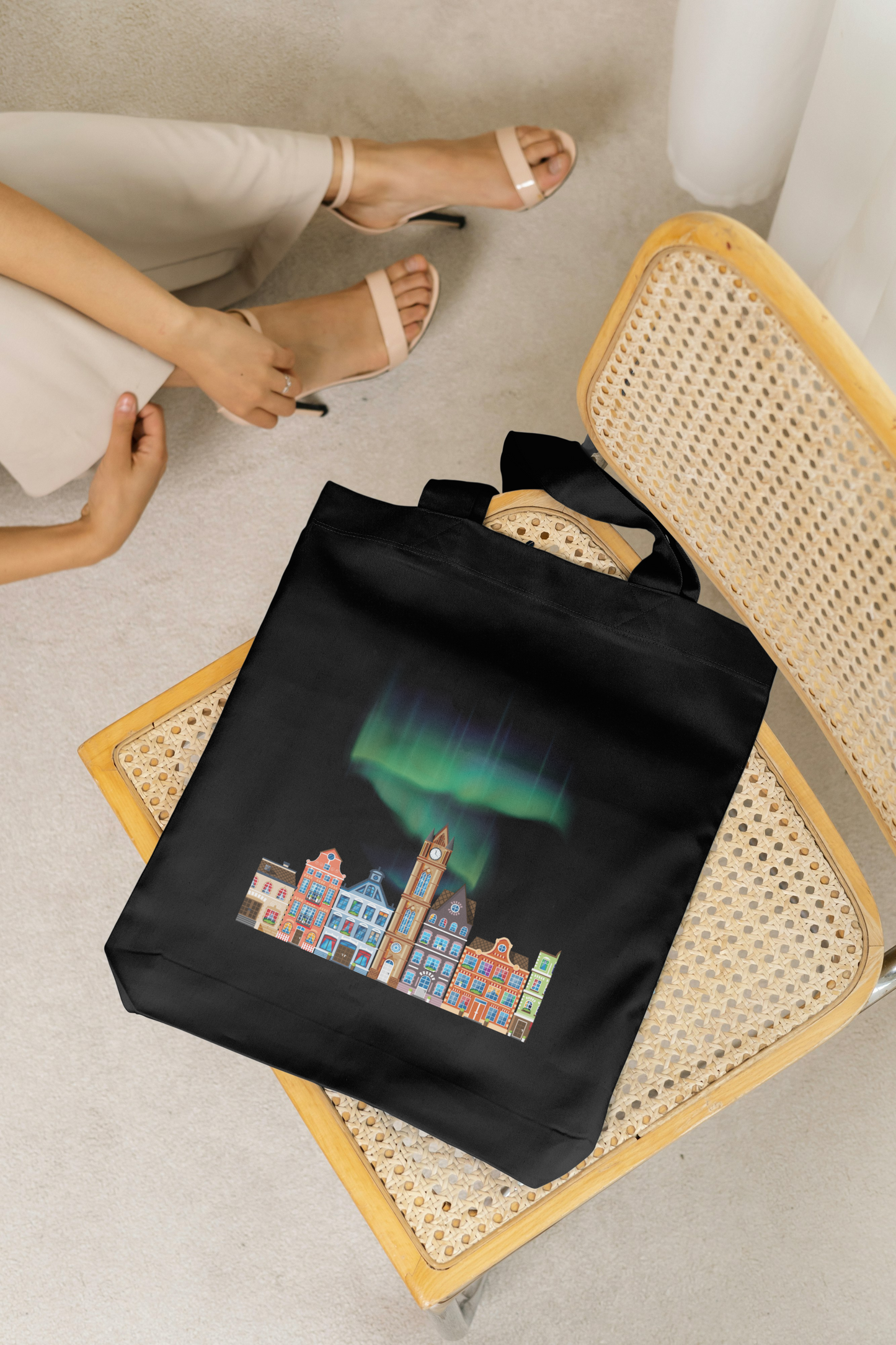 Scandinavian City Skyline Tote Bag with Northern Lights Design